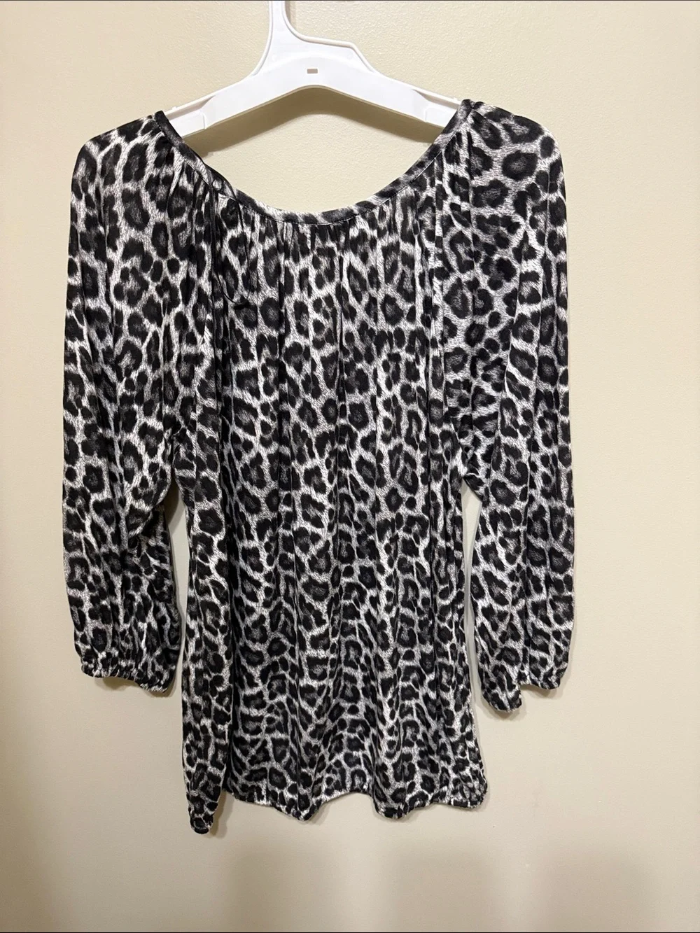 Michael Kors Black and White Leopard Print Long Sleeve Scoop Neck Top